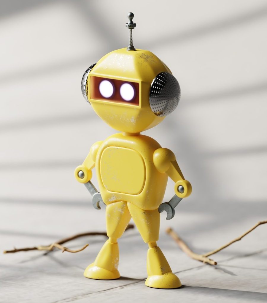 a yellow robot is standing on a tile floor