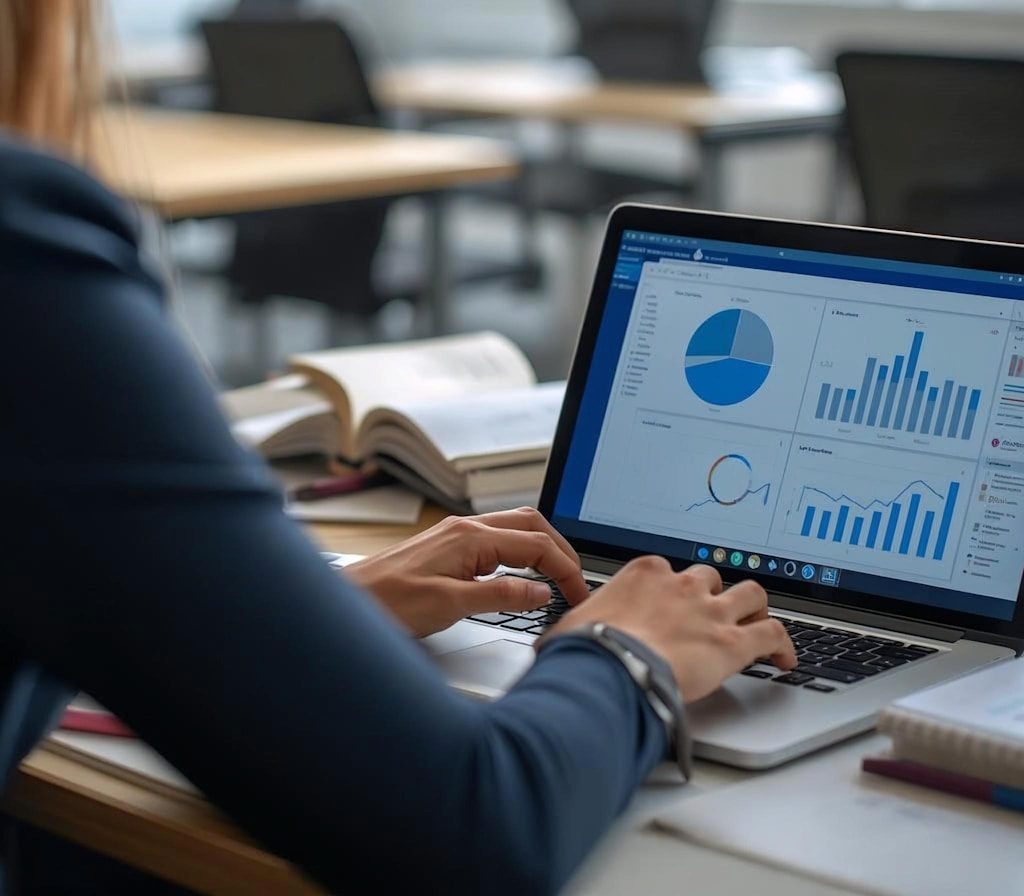 Woman working on laptop with charts and graphs.